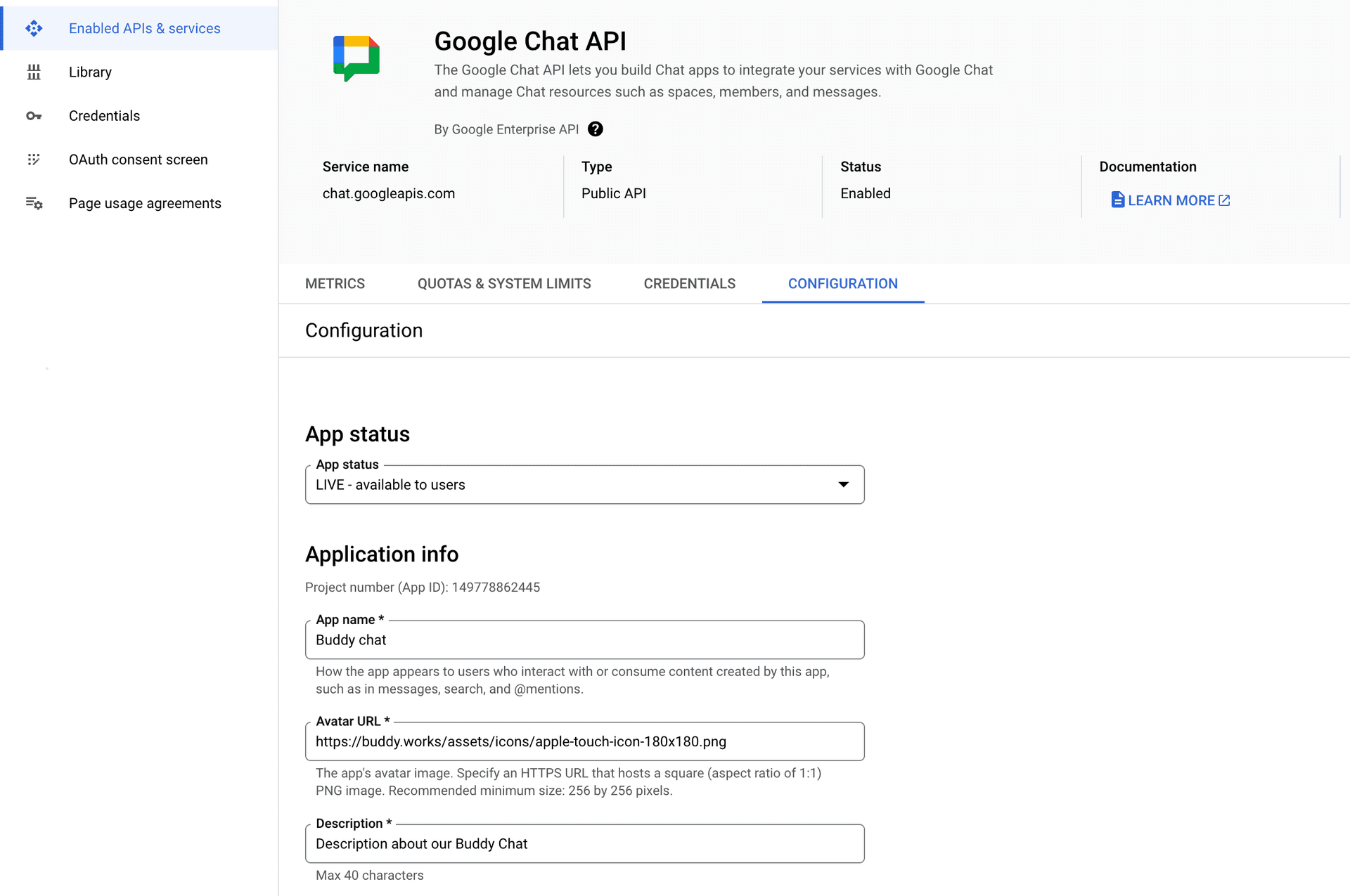 Google Chat API configuration