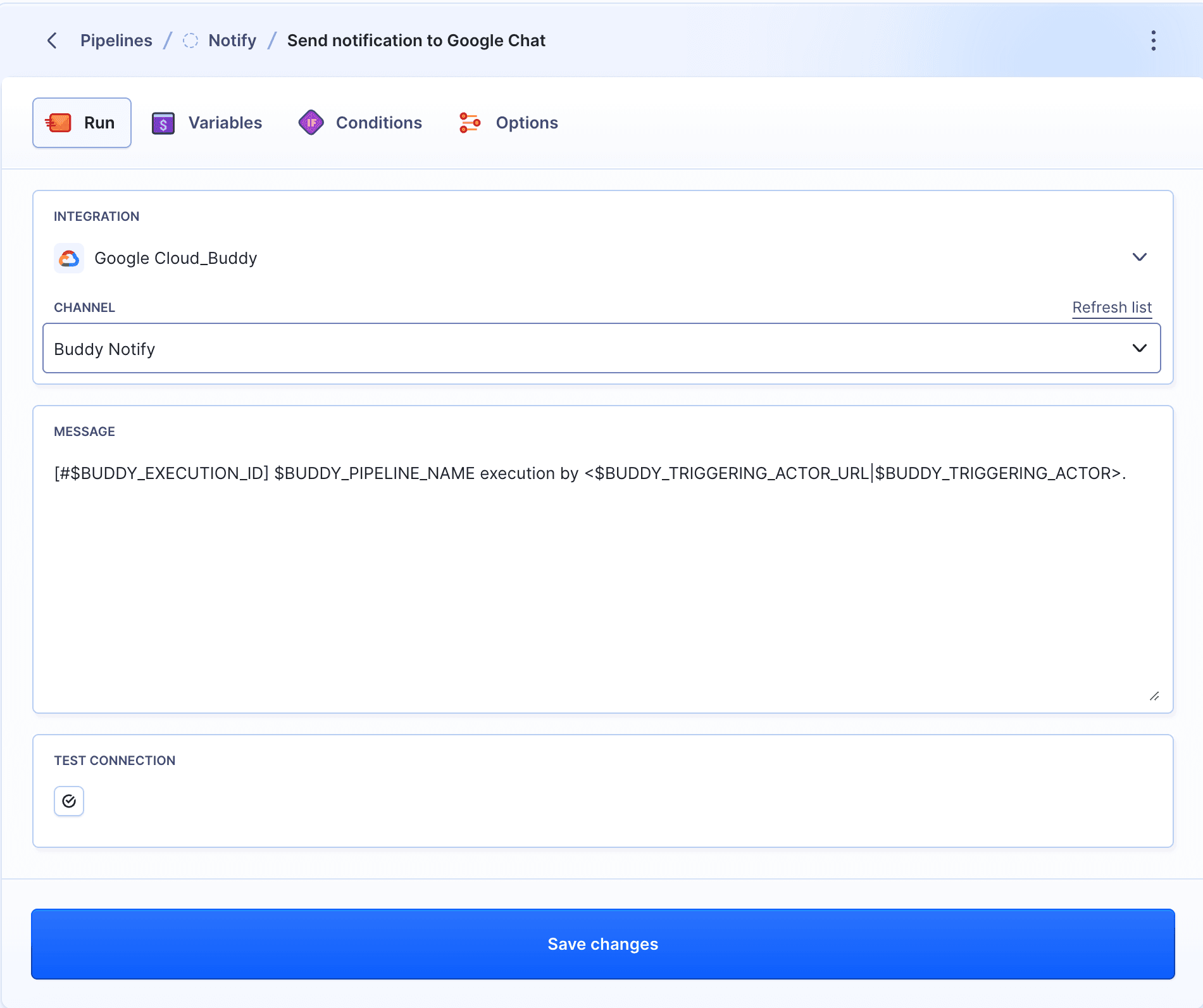Google Chat action configuration