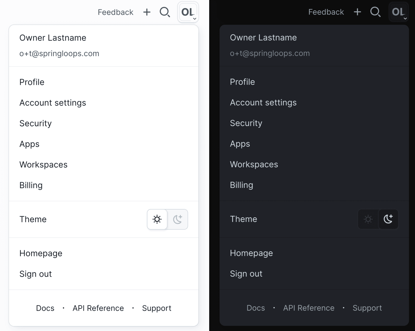 User avatar dropdown menu showing light and dark theme comparison with sun and moon toggle
