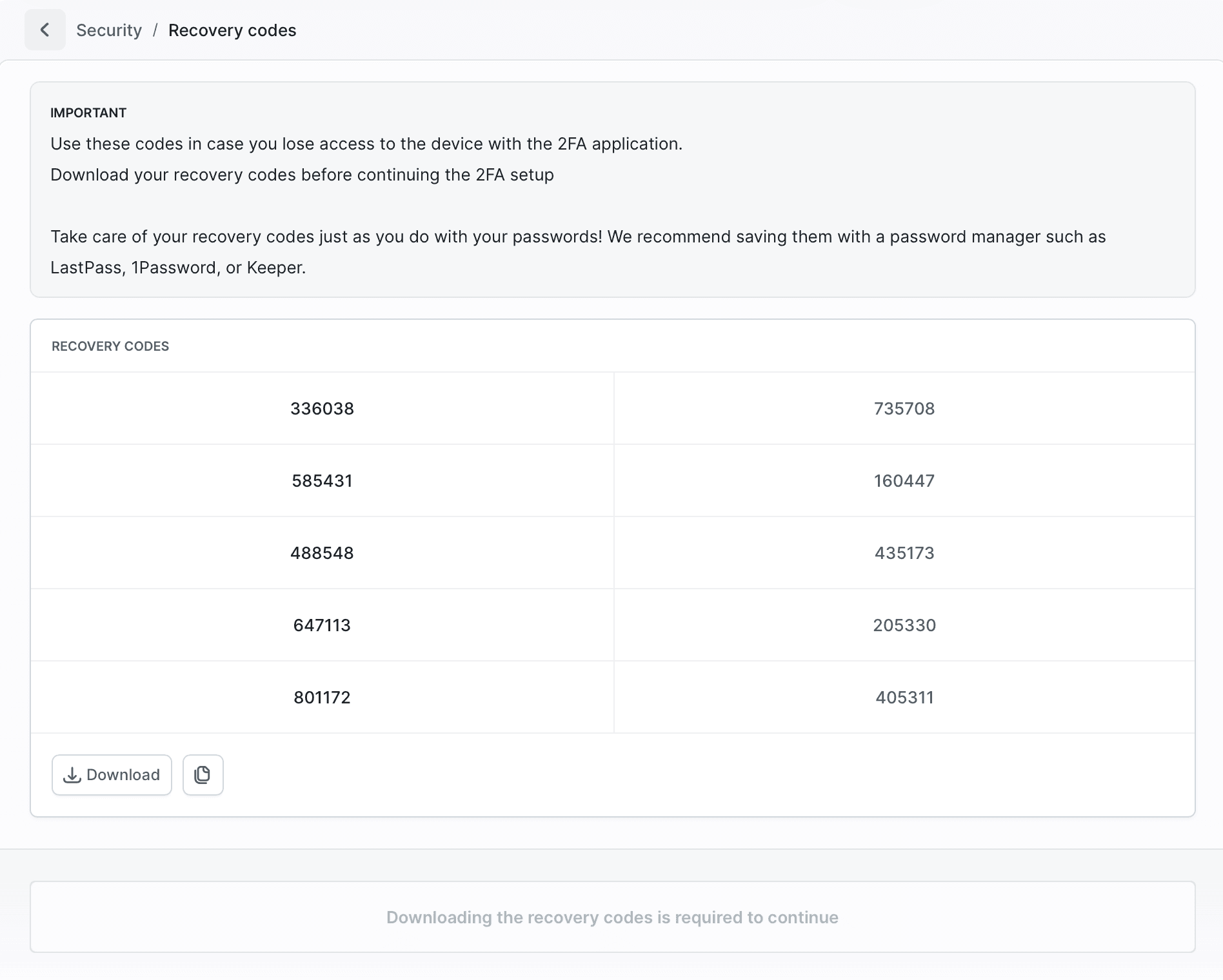 Recovery codes screen