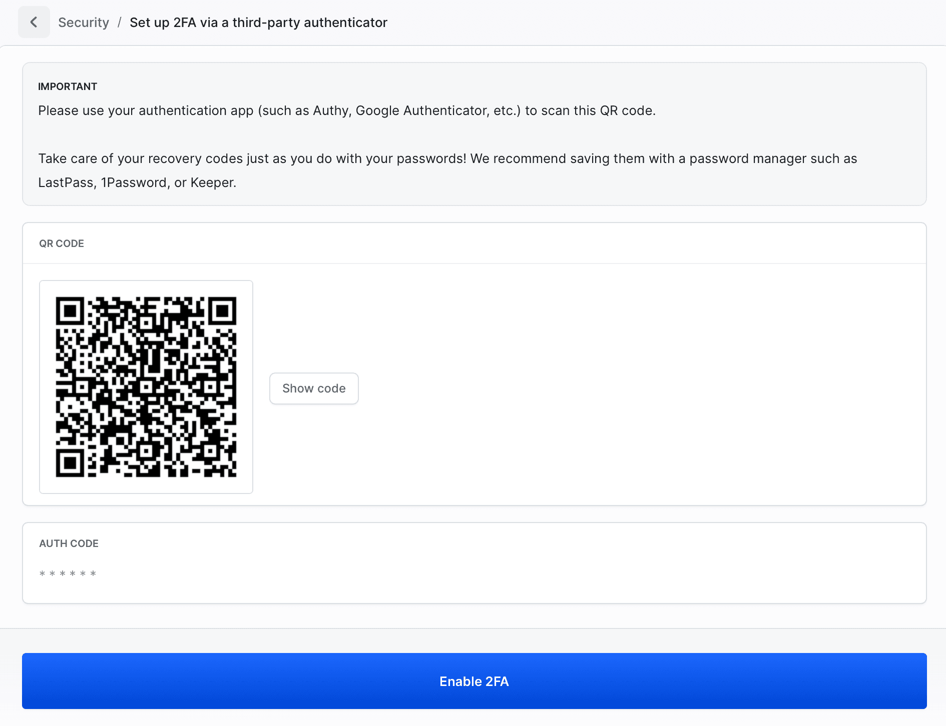 2FA authenticator setup