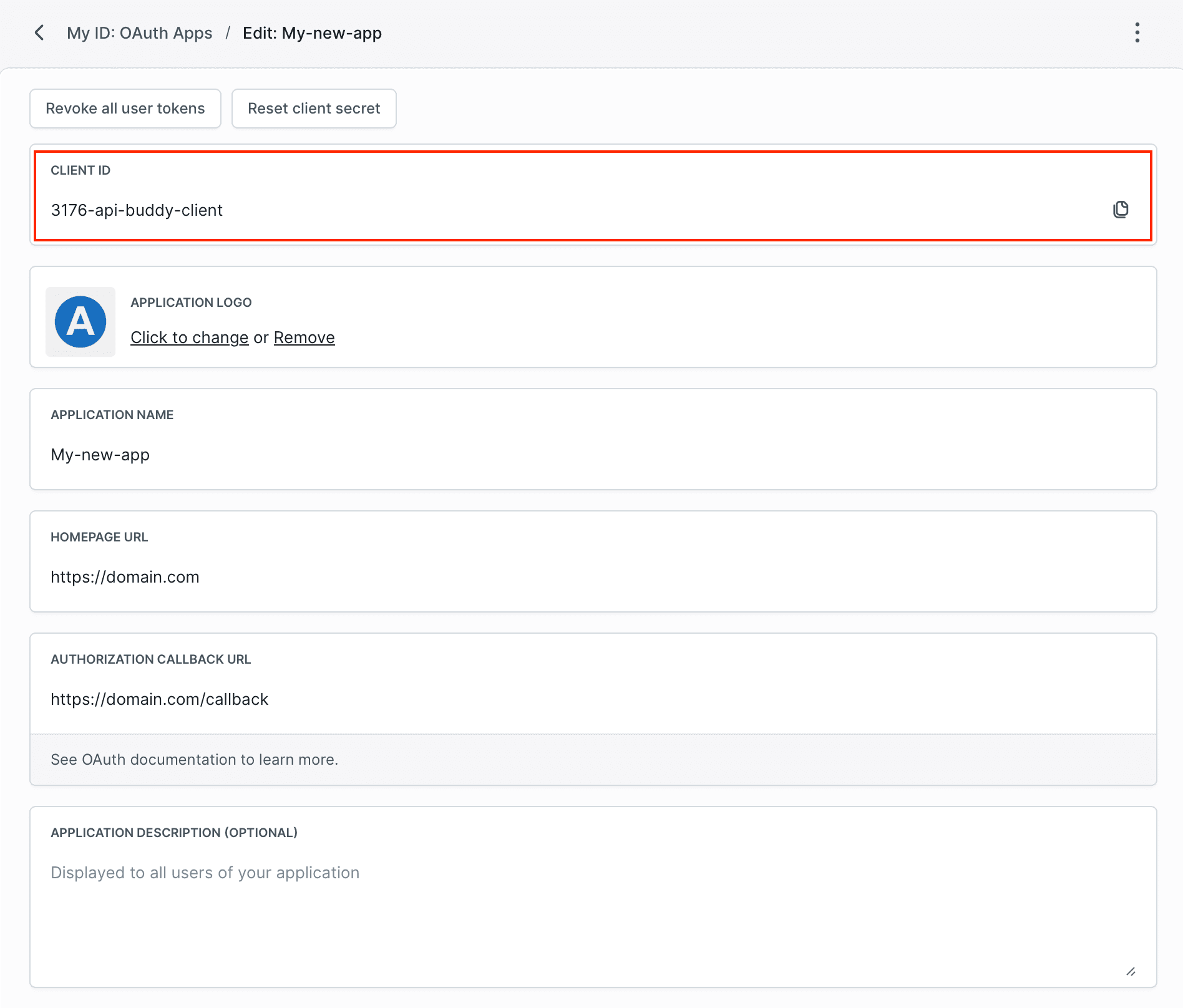 OAuth app view with client secret reveal modal