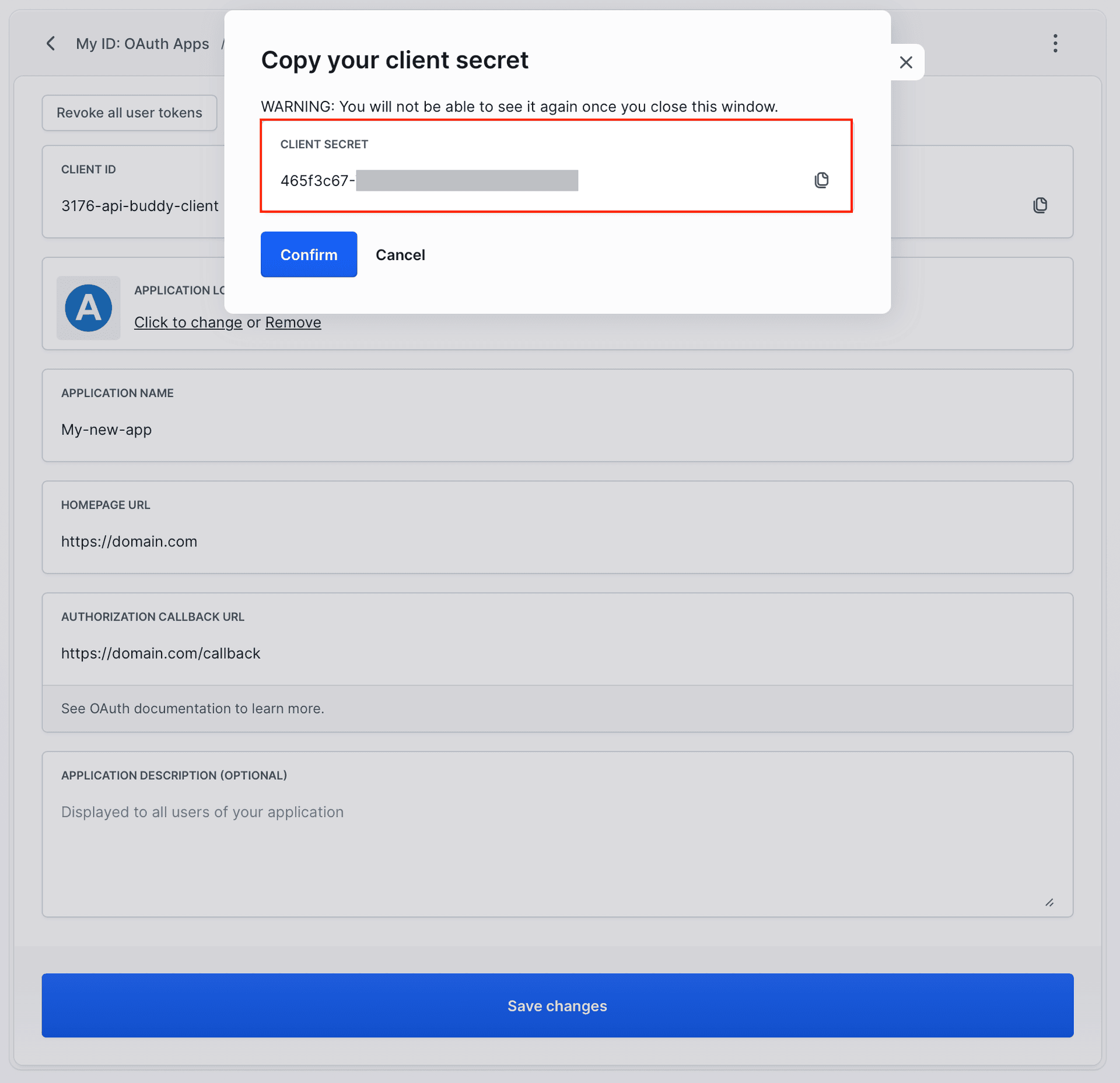Copy client secret dialog in OAuth 2.0 app settings