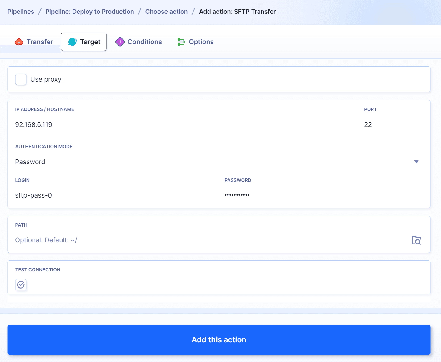 SFTP action configuration