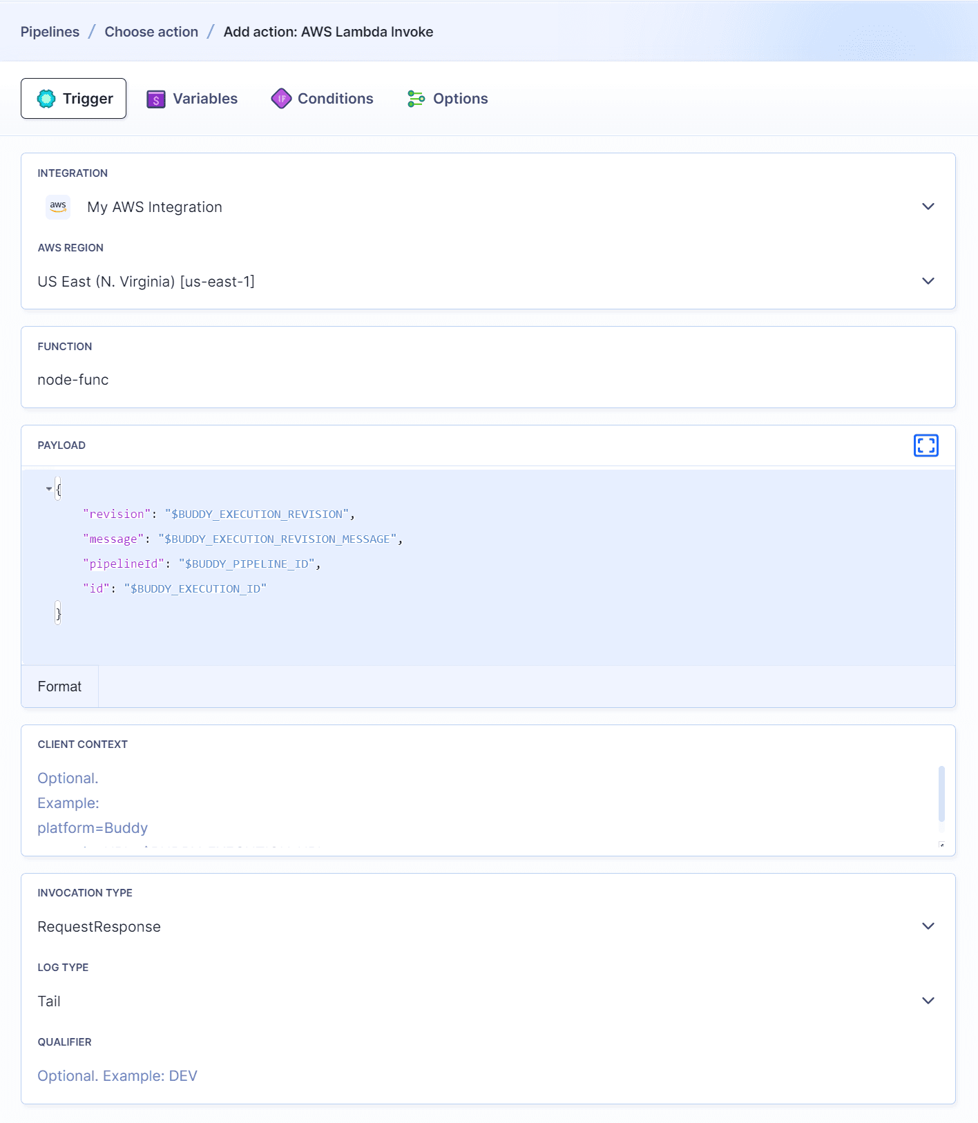 AWS Lambda Invoke configuration