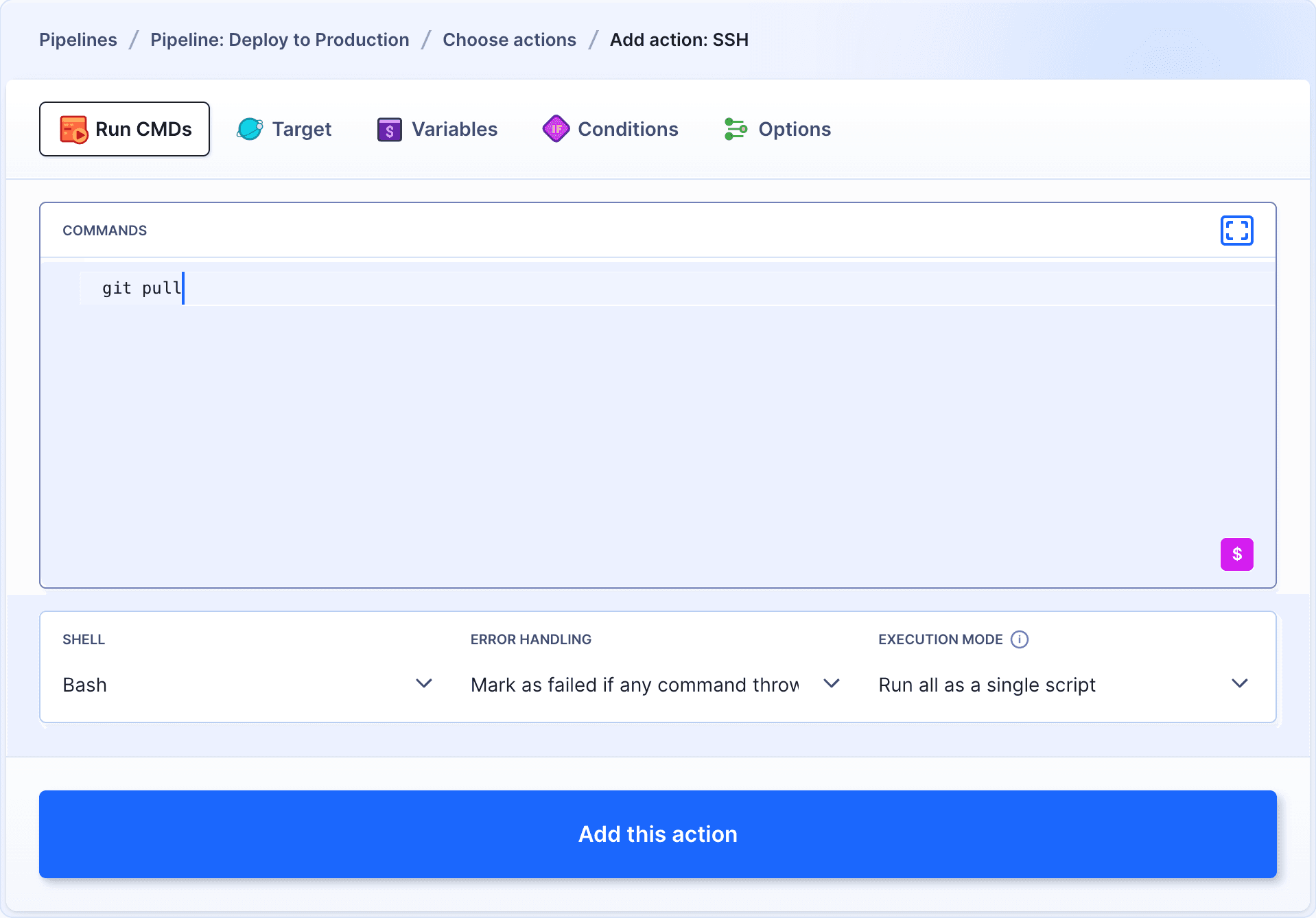 SSH action configuration