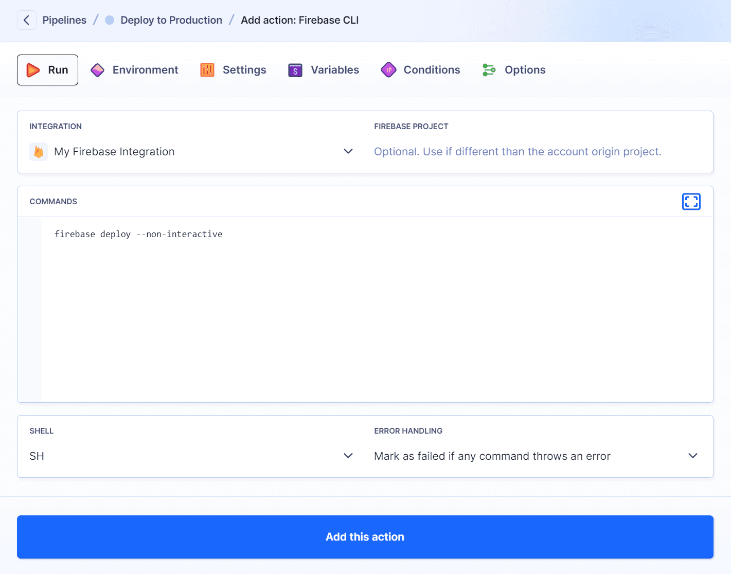 Firebase CLI action configuration