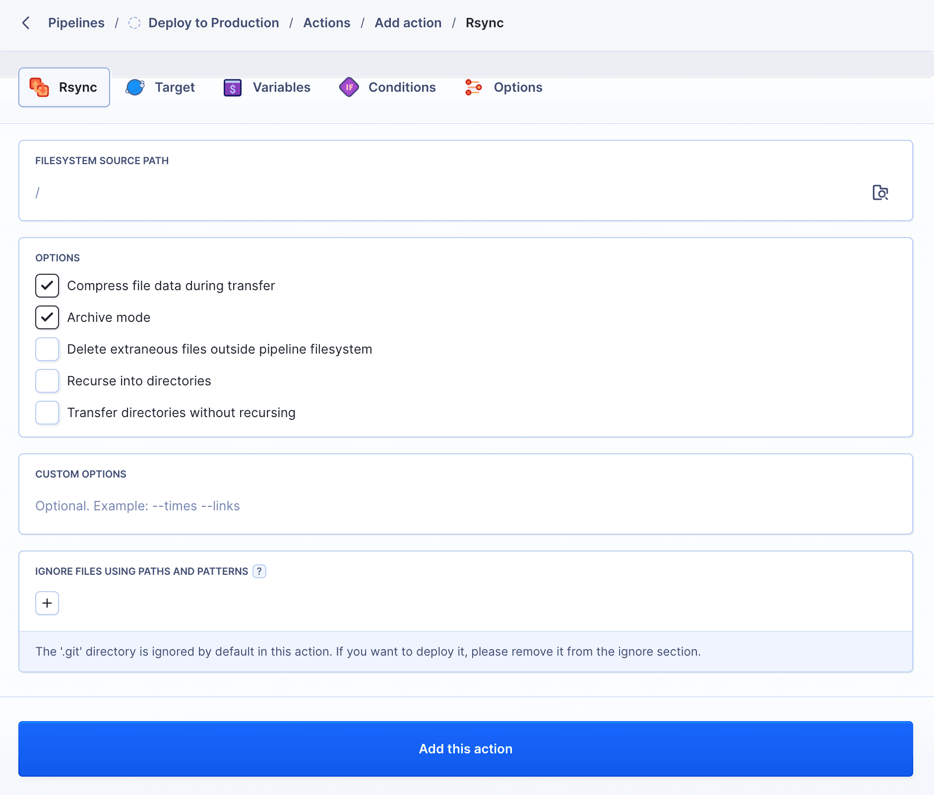 Rsync action configuration