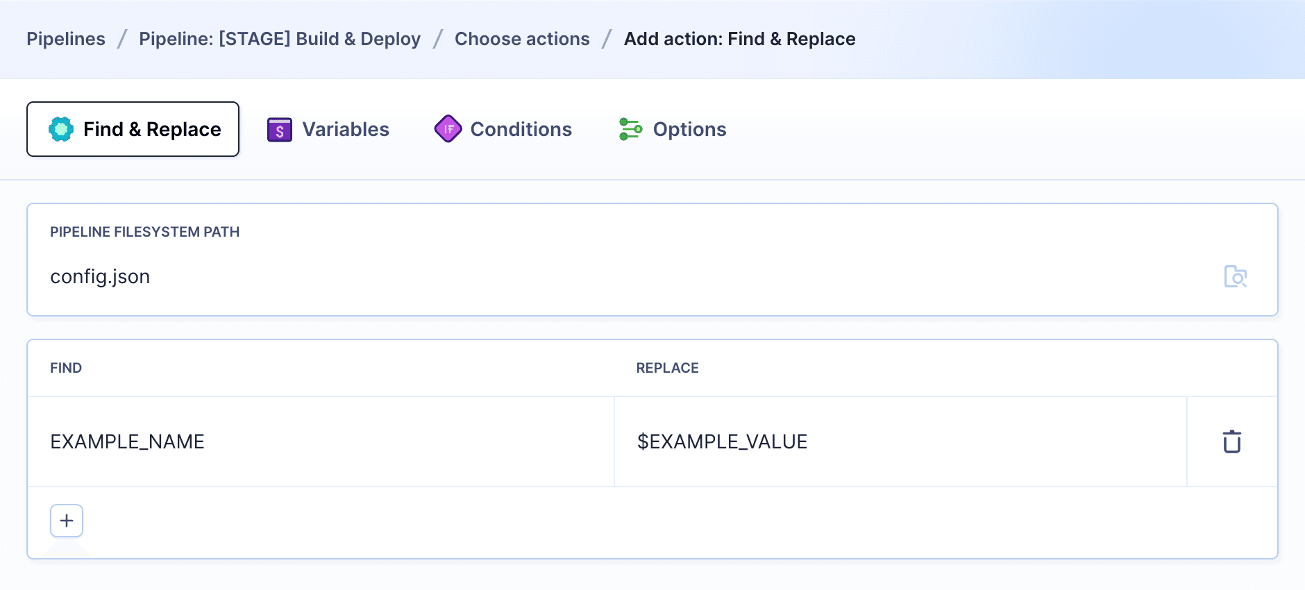 Find and Replace action configuration