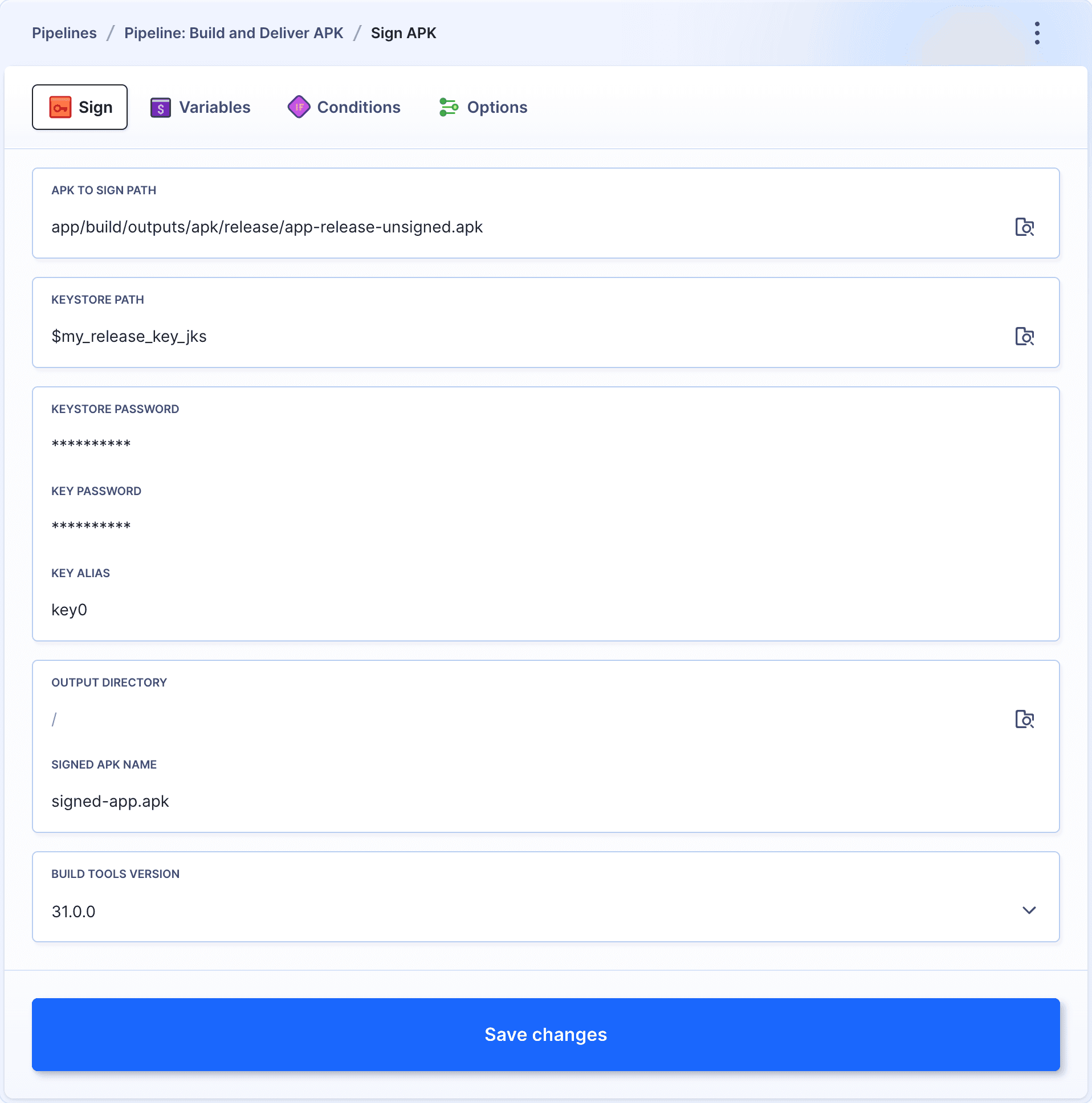 Sign APK action configuration