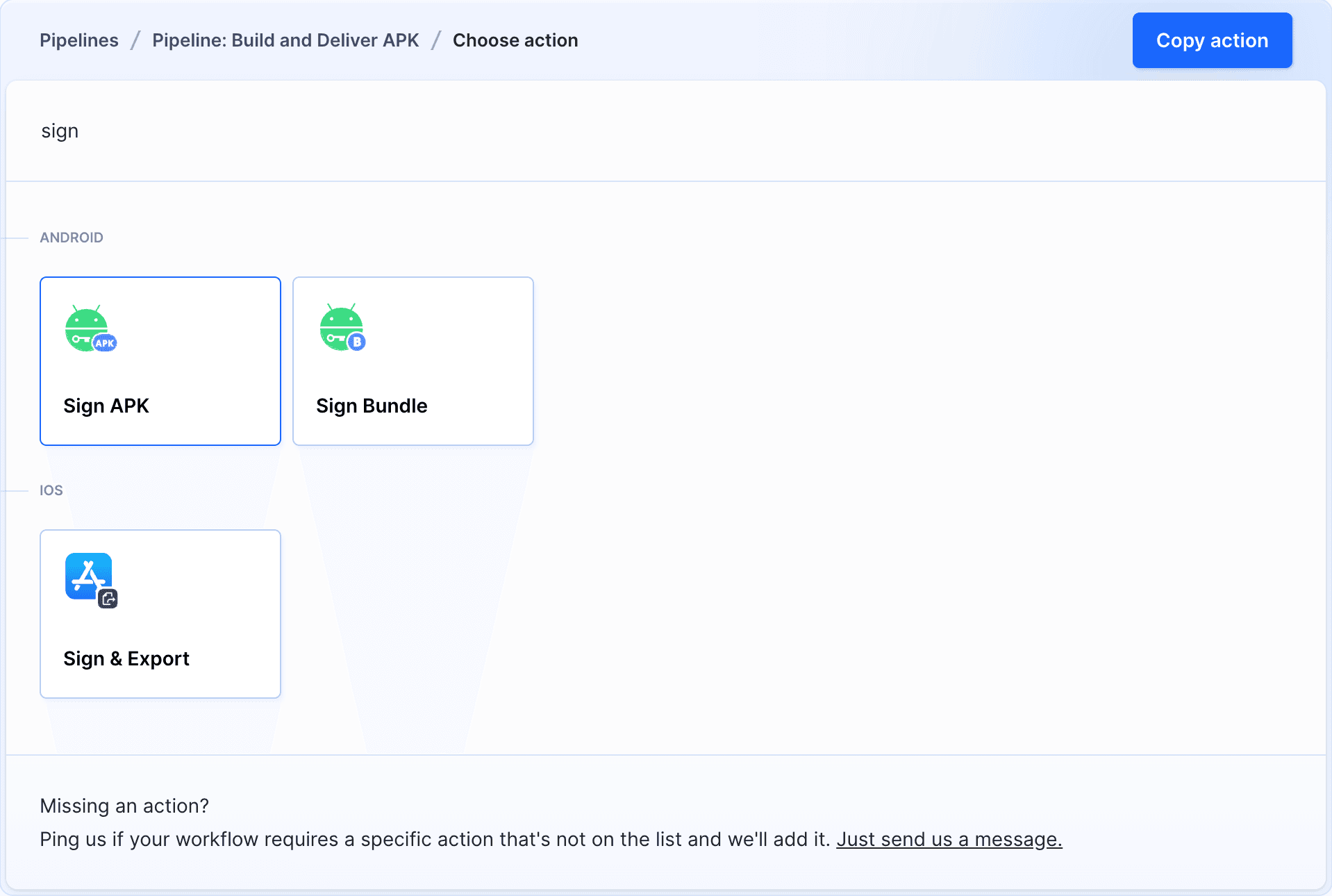 Sign APK on action list