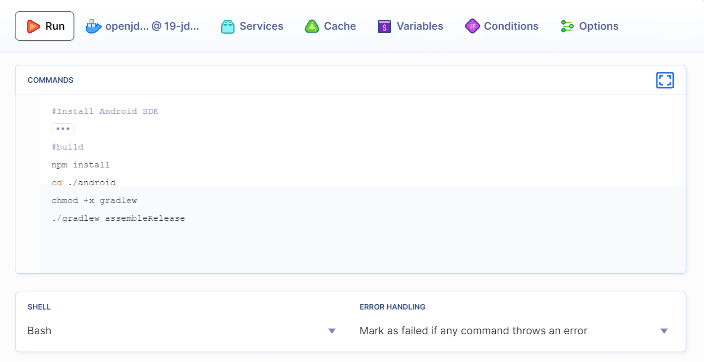 Default React Native action build commands