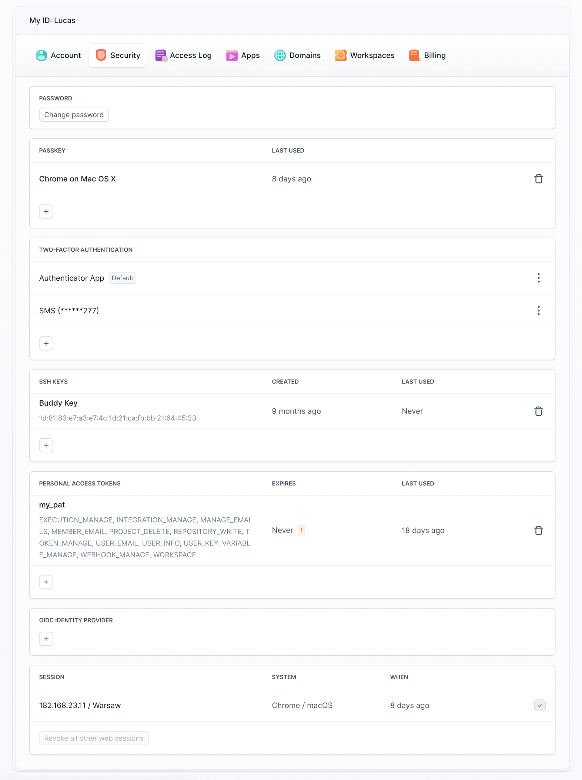 OIDC Identity Provider section in Security settings showing empty state with add button