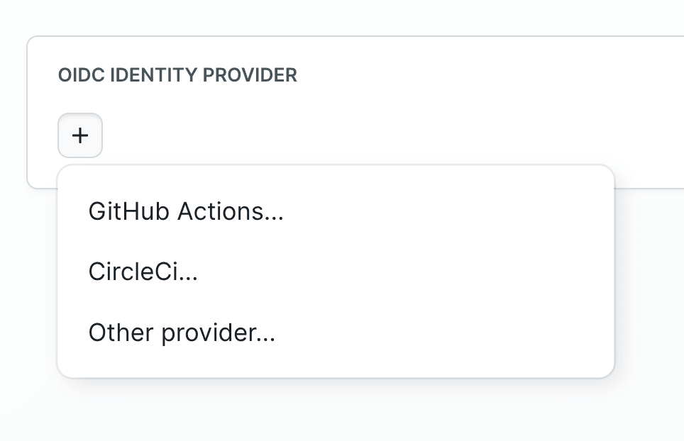 Dropdown menu for selecting the OIDC identity provider type: GitHub Actions, CircleCI, or Other provider