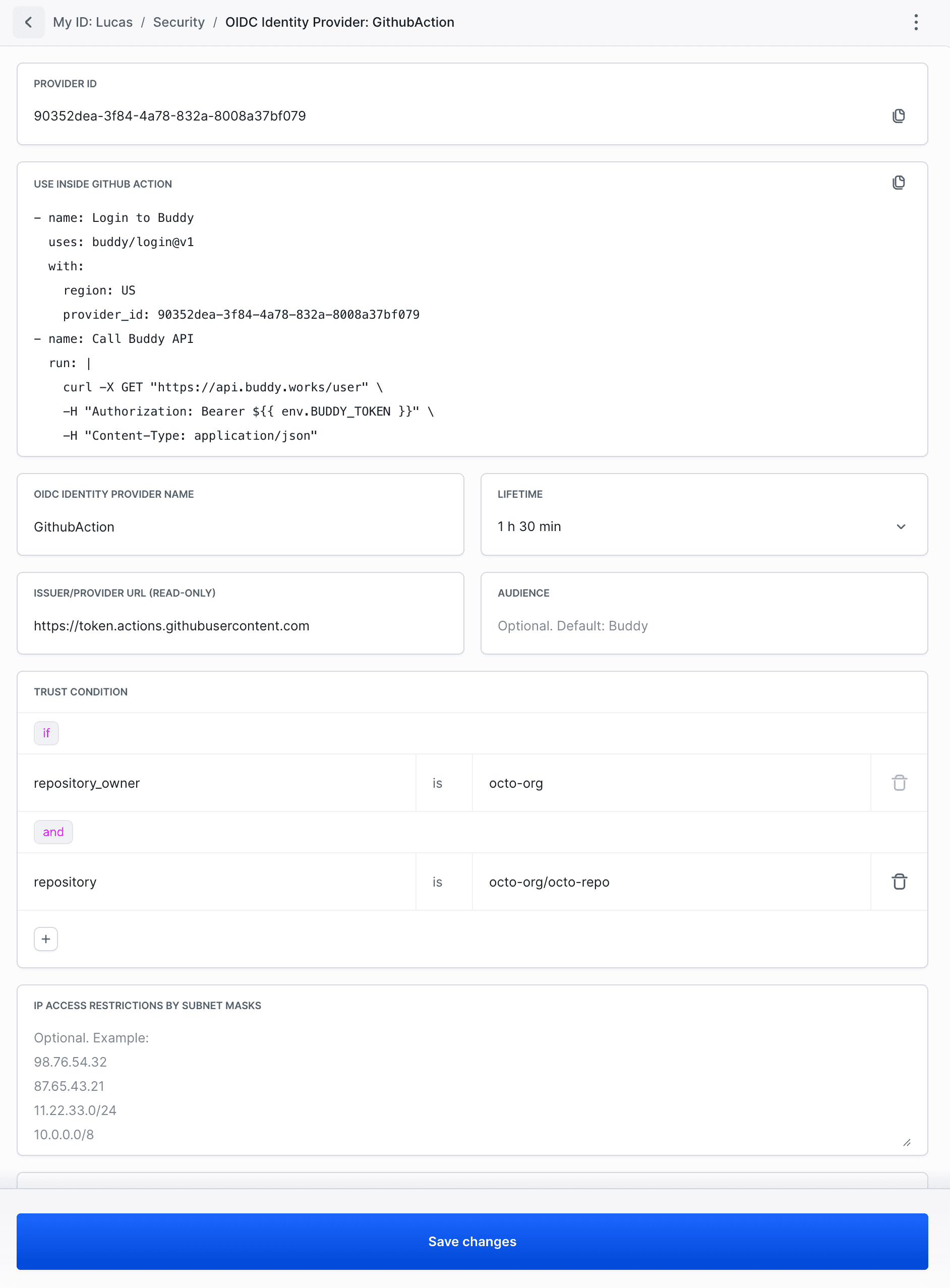 Provider ID and USE INSIDE GITHUB ACTION code snippet