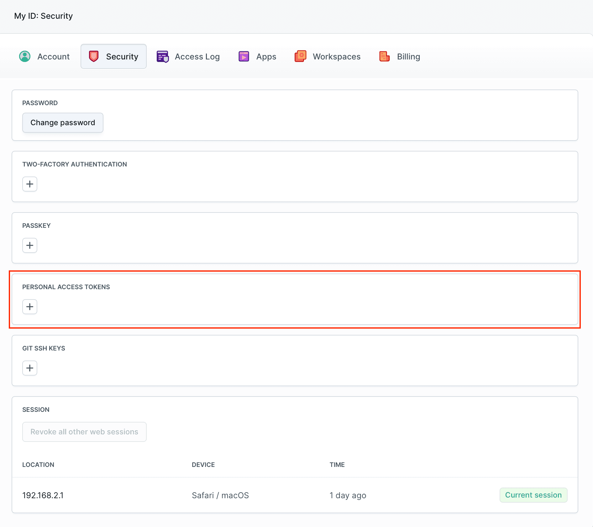 Form for creating a new personal access token
