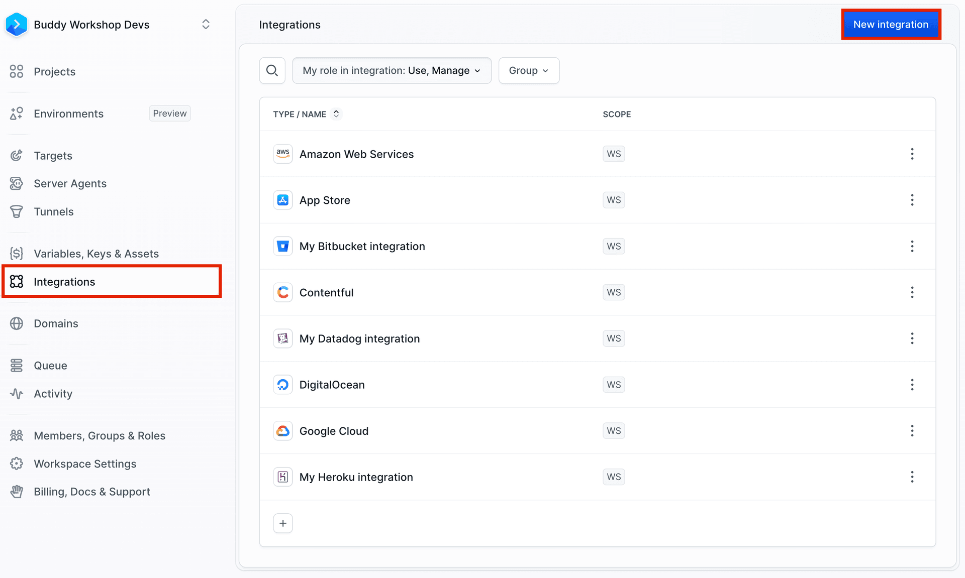 Adding new integration from Integrations tab