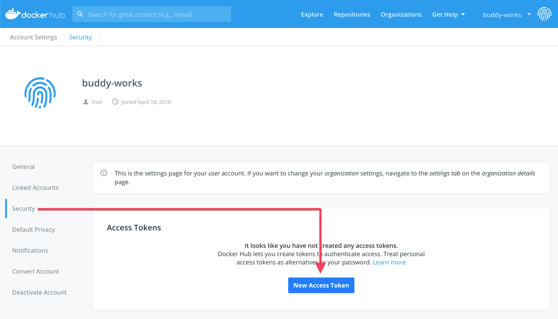 Generating an access token in Docker Hub