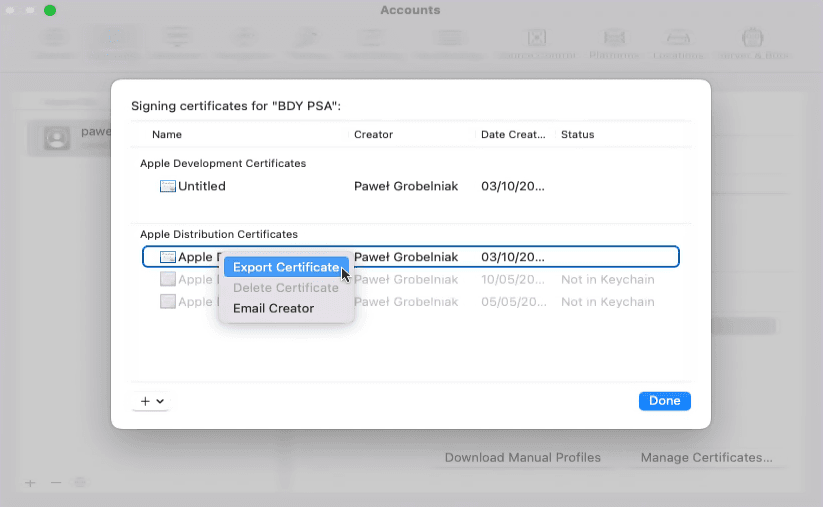 Exporting certificate