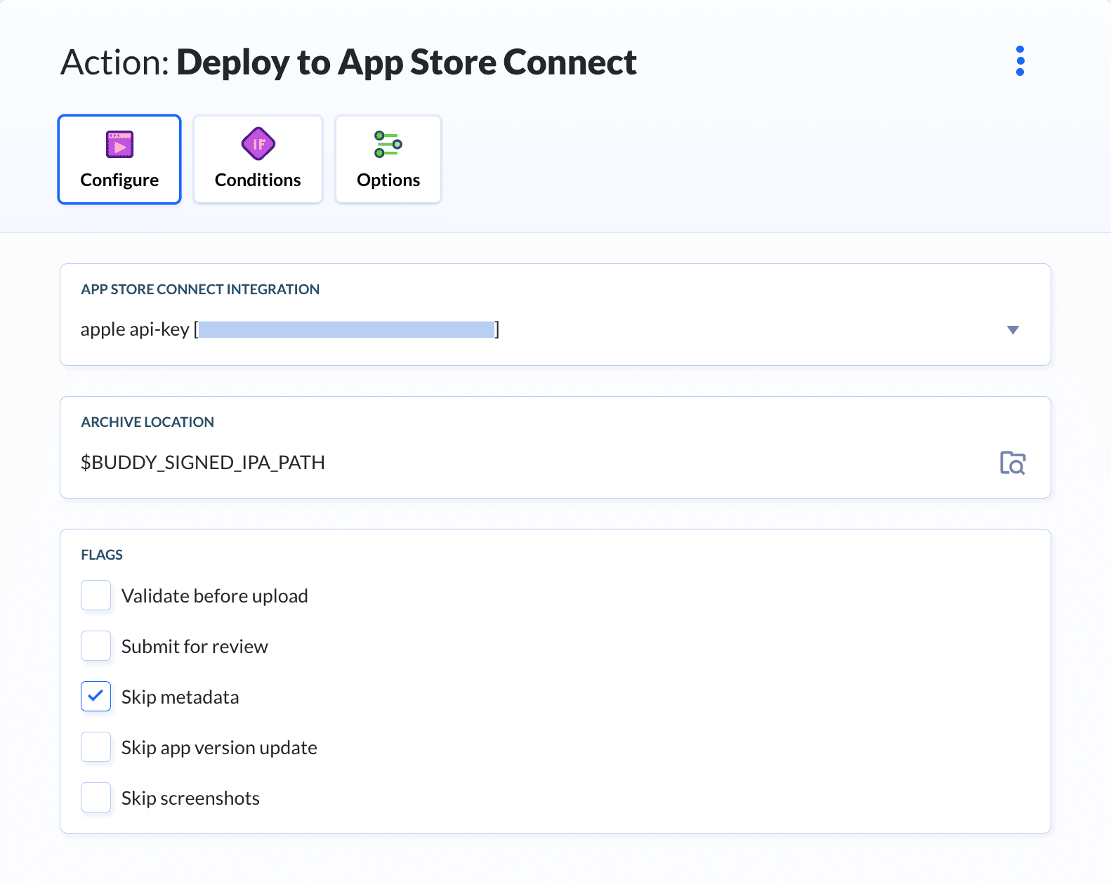 App Store Publish action configuration