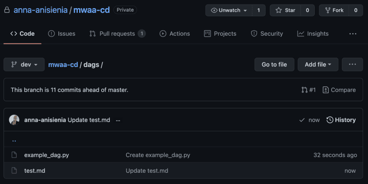 The initial push to test CI/CD pipeline — image by the author